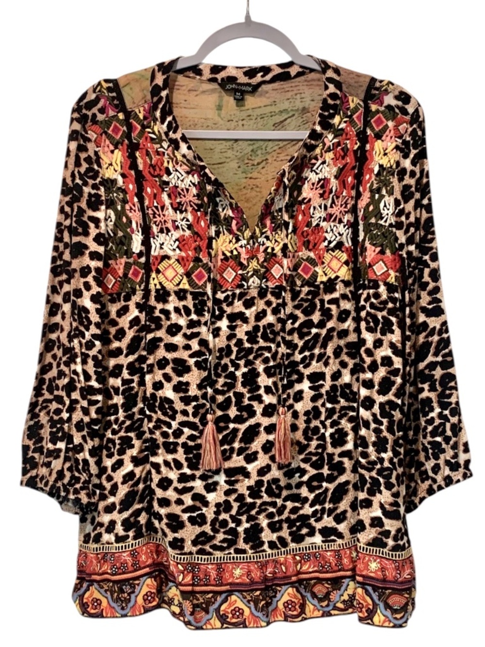John Mark Embroidered Boho Long-Sleeve Blouse Leopard Print Peasant Top Medium M
